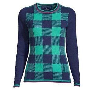Lands' End Cashmere Crew Neck Sweater Jacquard Seafoam Teal Buffalo Check XS